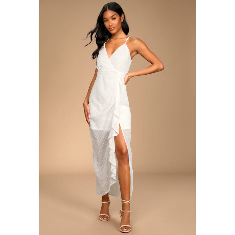 Lulus For Us To Dance White Swiss Dot Ruffled Midi Dress - Size XS